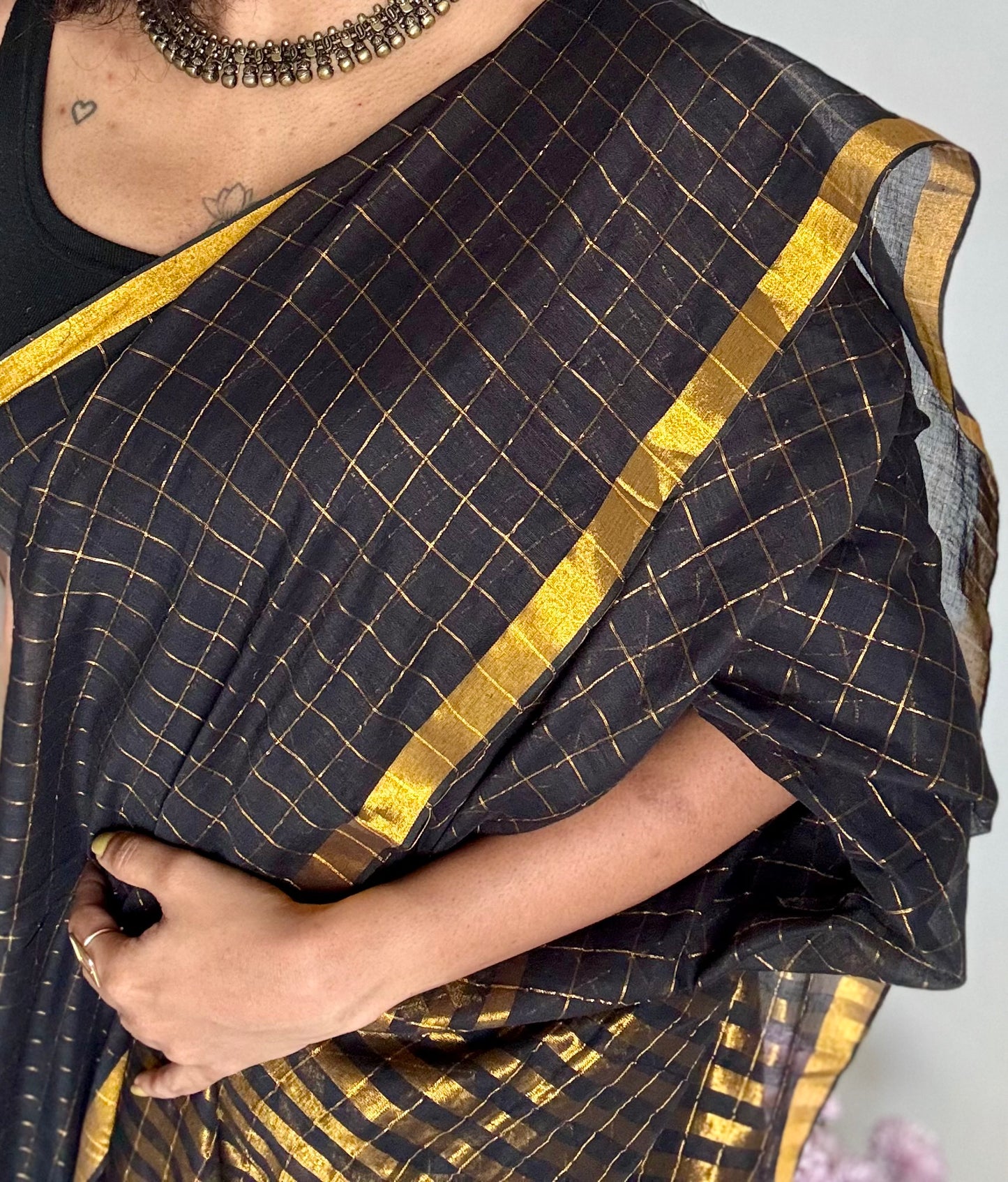 Black mul with gold checks and zari border - YCBCMCDE20