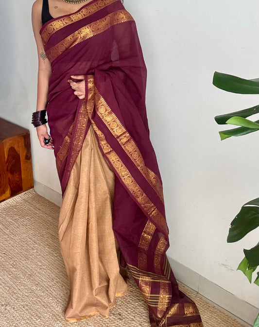 Maroon and cream, sungudi and chettinad cotton half-half saree - YCCOTNIDOC28