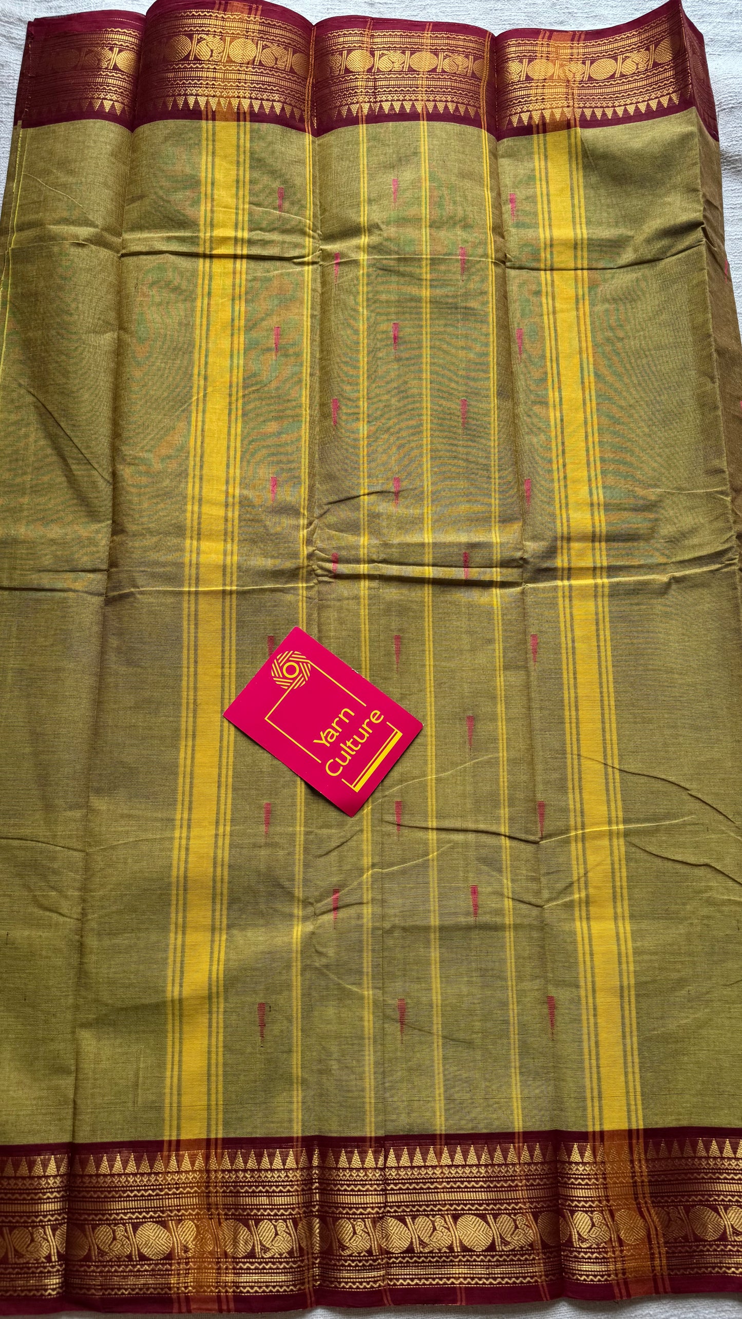 Kanchi cotton saree, parrot green with dark red zari border - YCCOTNAP83
