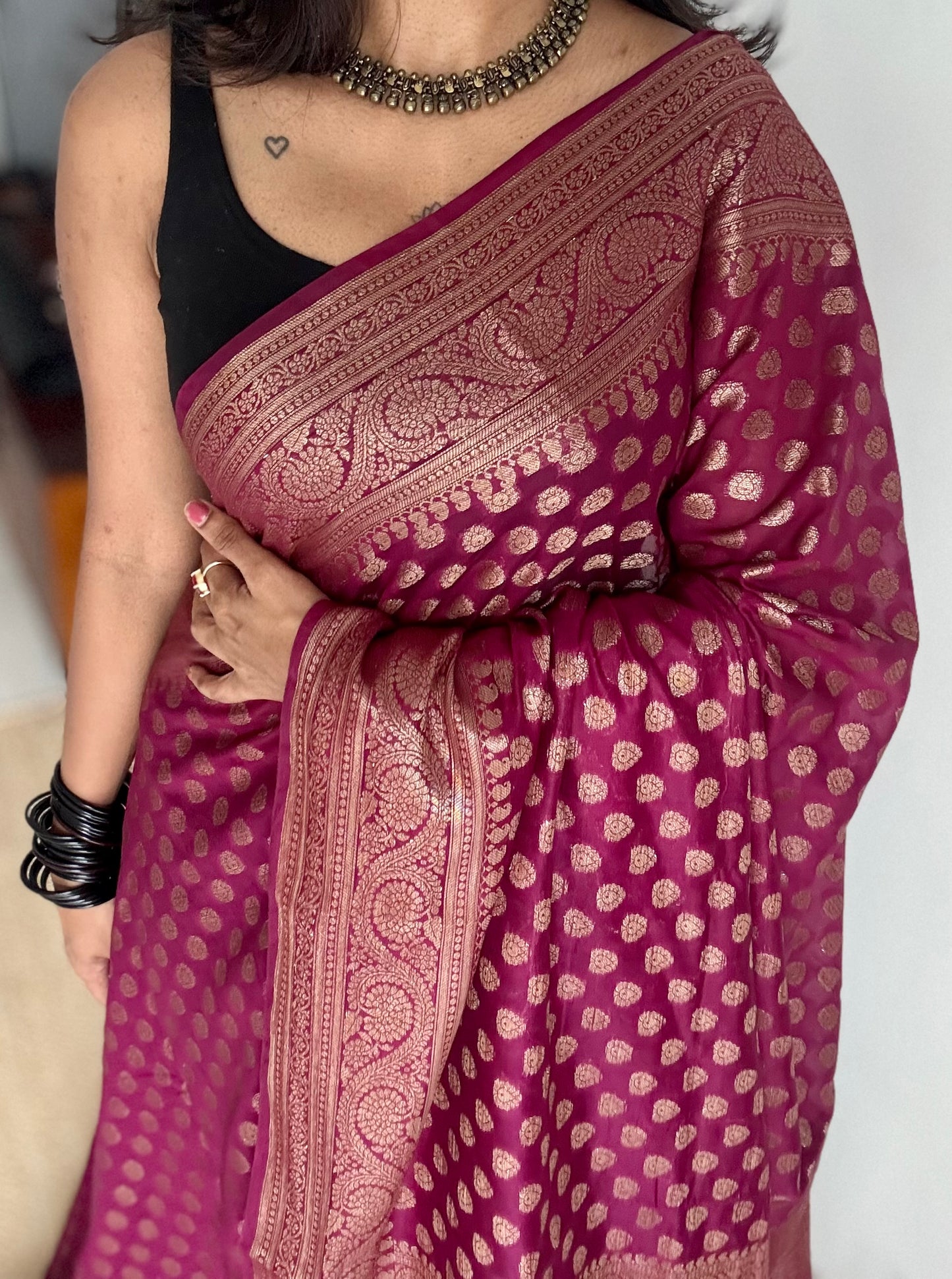 Cerise - Dark raspberry pink, antique gold zari, Banarasi semi georgette - YCBLFEGAGZ21