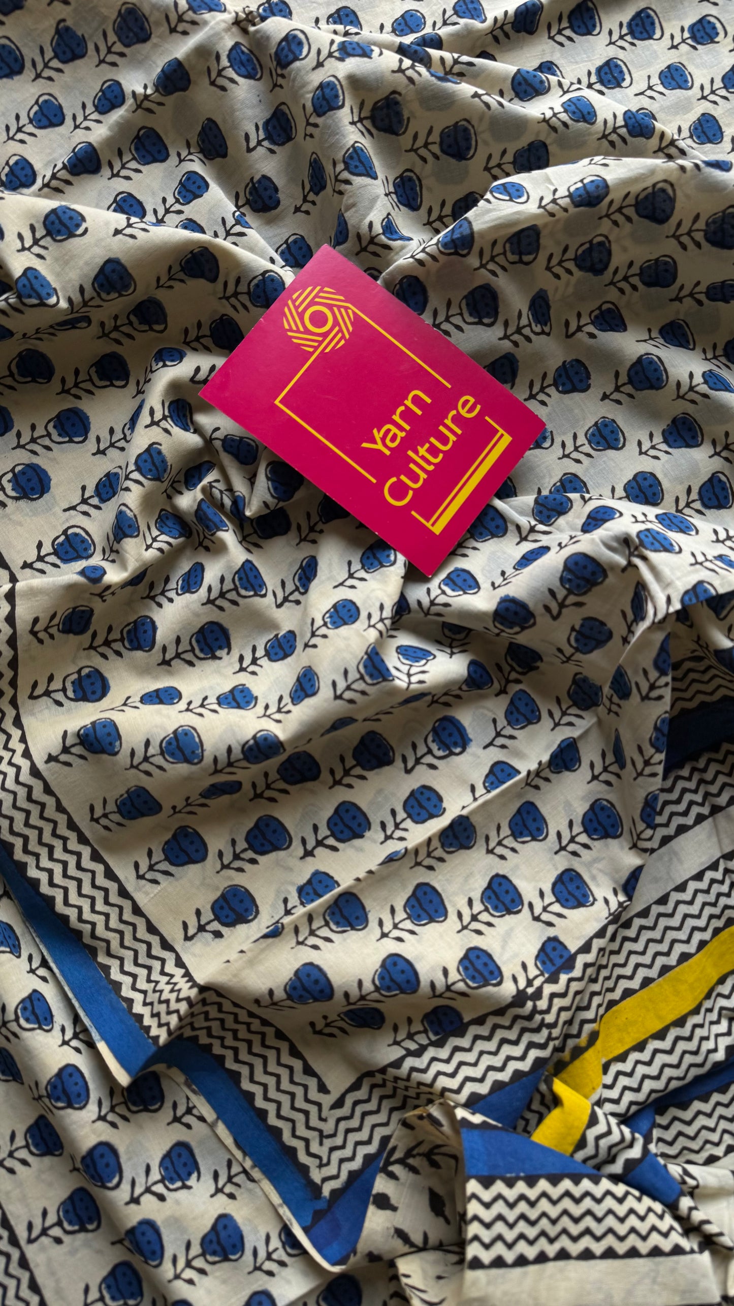 Beige with blue flowers, block printed soft cotton saree -YCTORCMA09