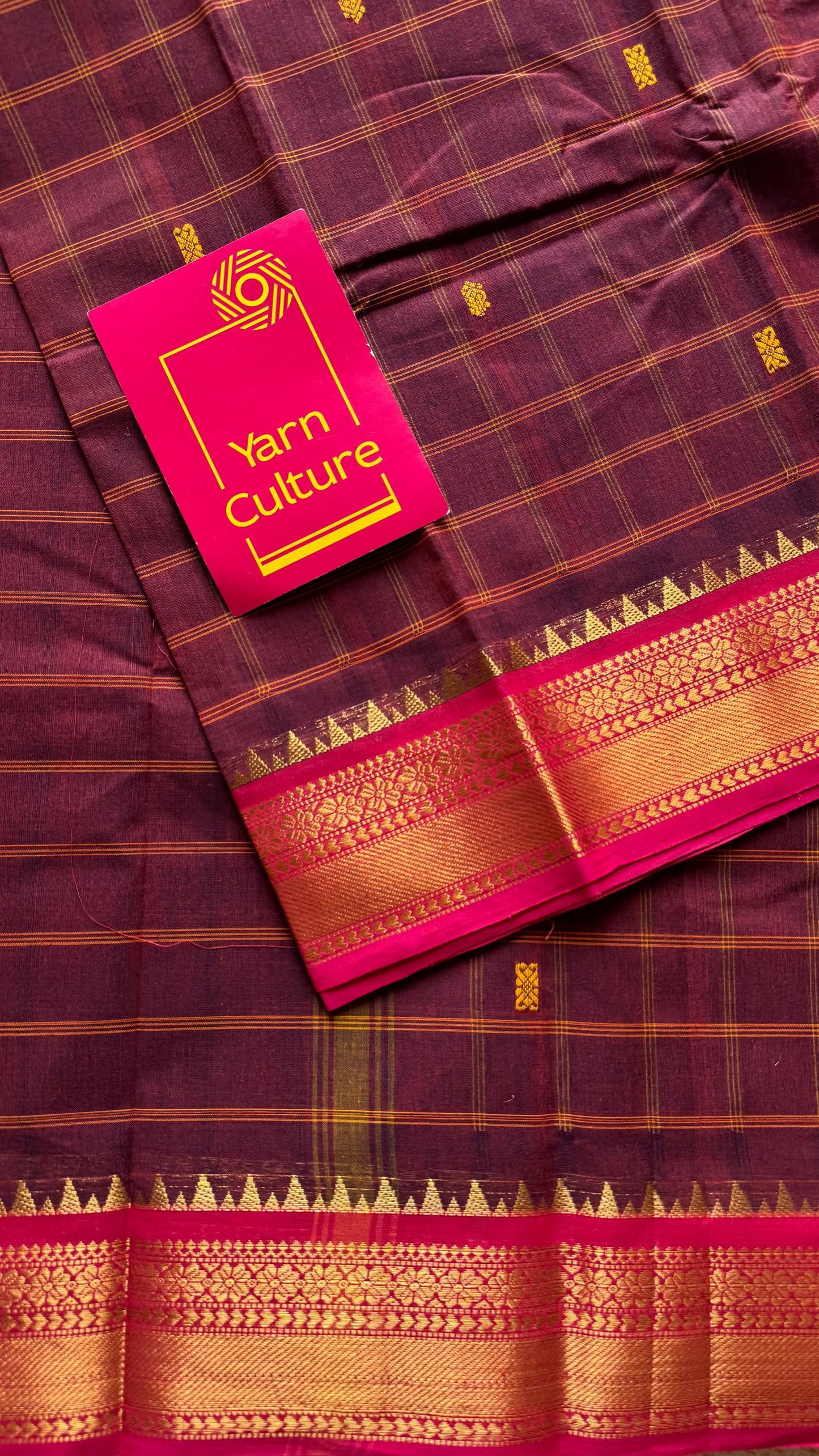 Maroon and fuchsia pink contrast, checkered Chettinad cotton saree - YCCOTNMA266