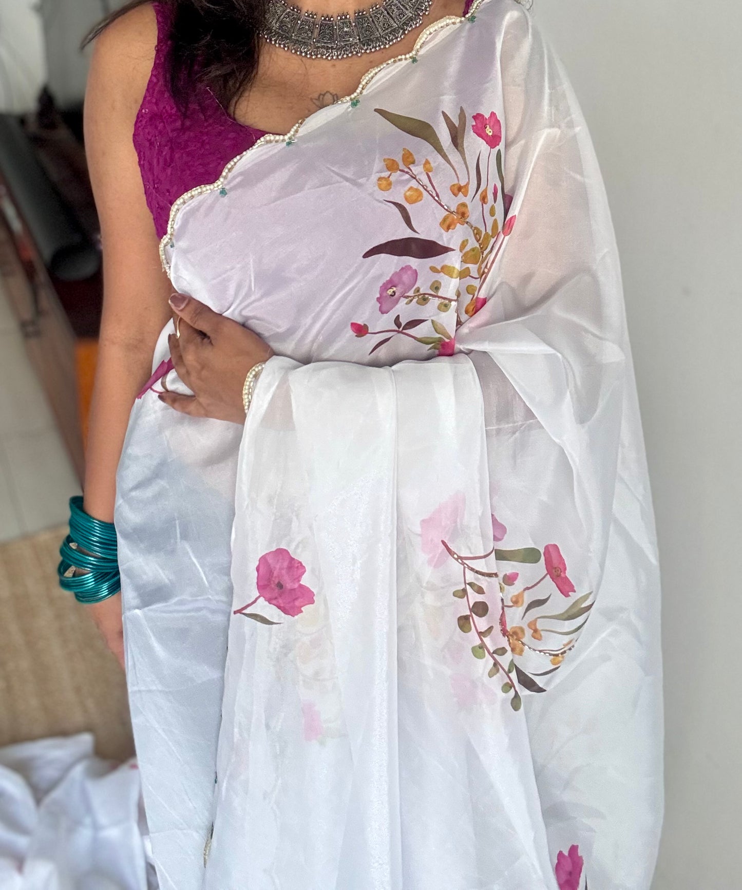 Snow Blossom - white floral handworked sequins work, tabby silk - YCDOSNO51