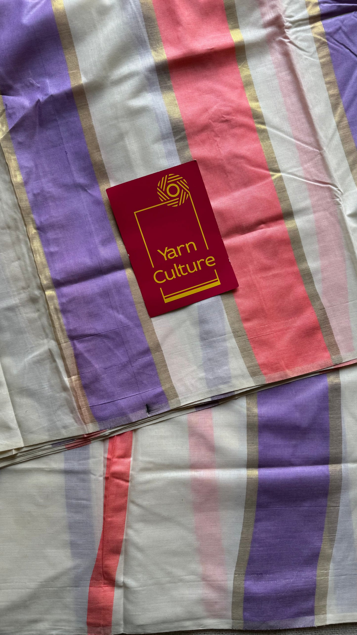 Ivory Kerala cotton saree with lilac and peach stripes - YCIEKCFE304