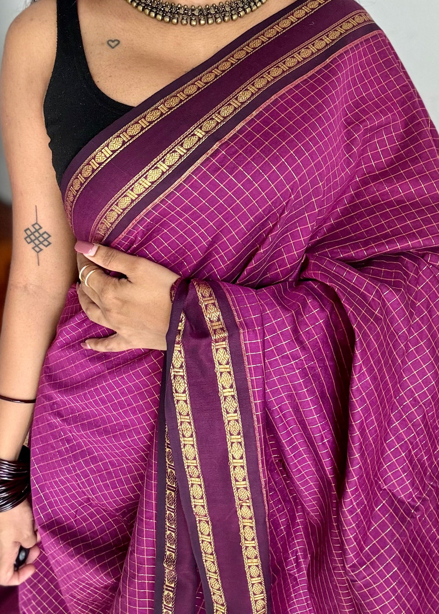 Grape wine, arani zari checks saree, cotton silk - YCCOTNAUG15