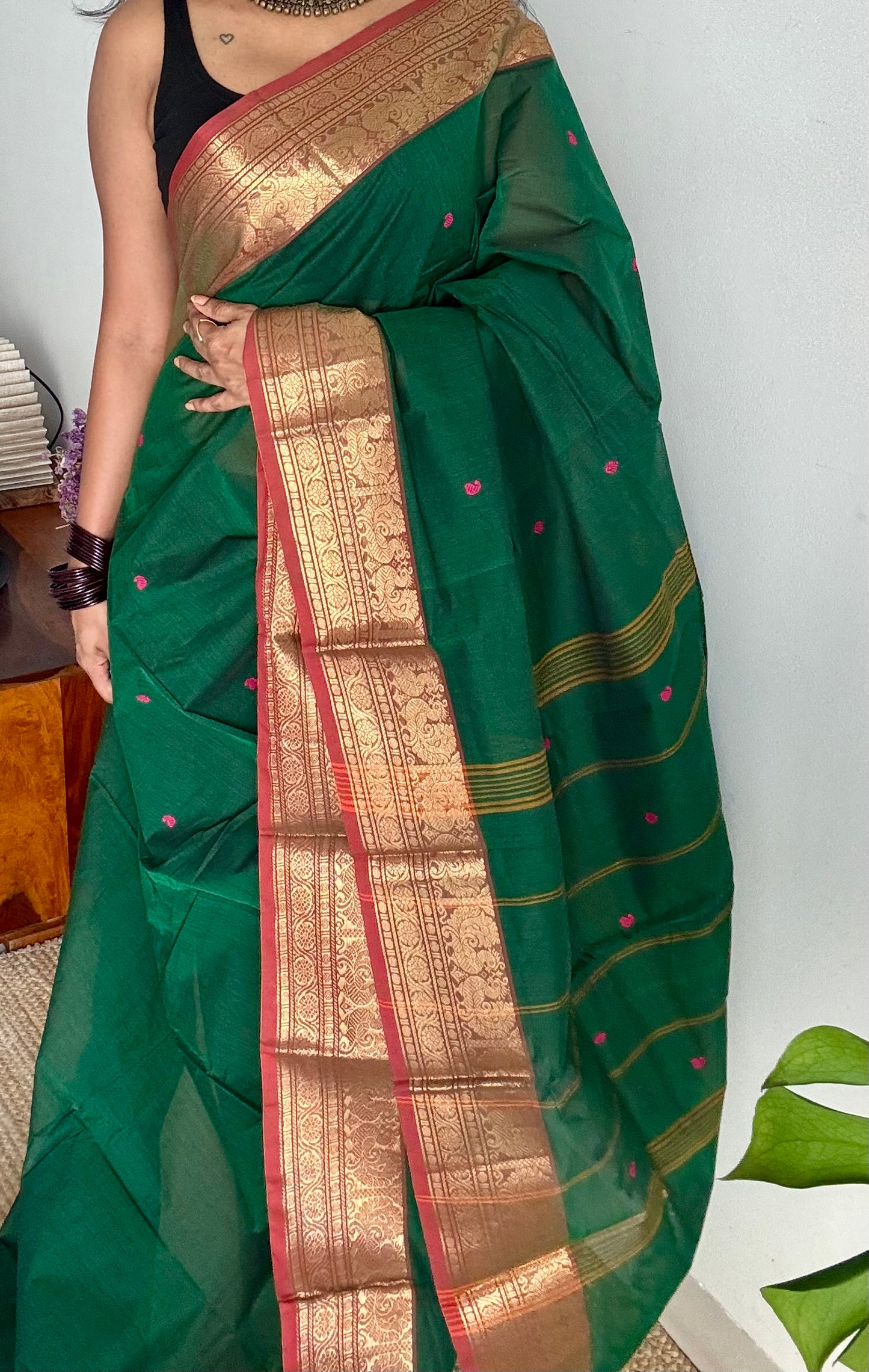 Dark green and brick red contrast, kanchi cotton saree - YCCOTNMA323