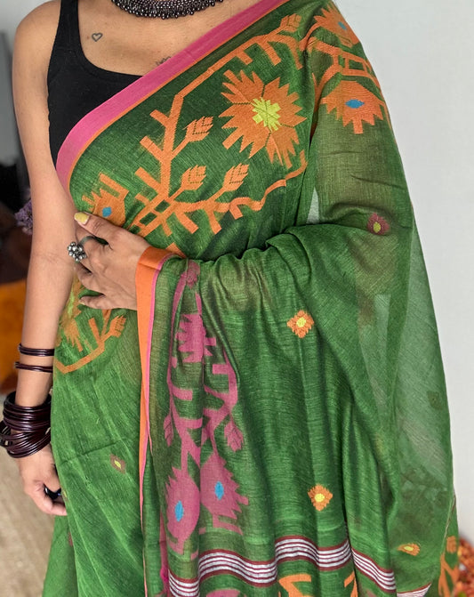 Green with pink and orange jamdani saree in mul cotton - YCBCJDFE383