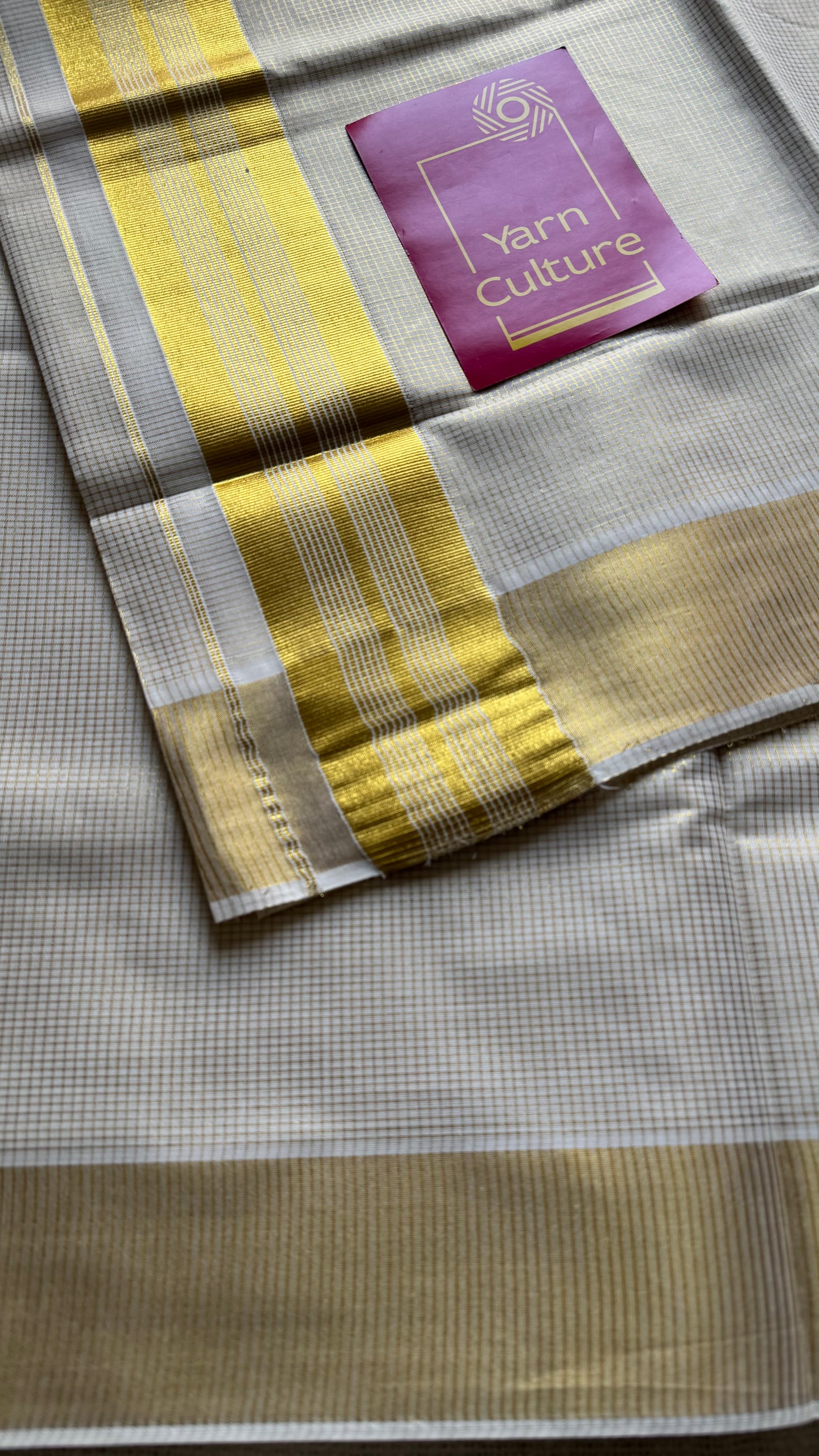 Ivory Kerala tissue cotton saree with gold microchecks - YCIEKCFE317