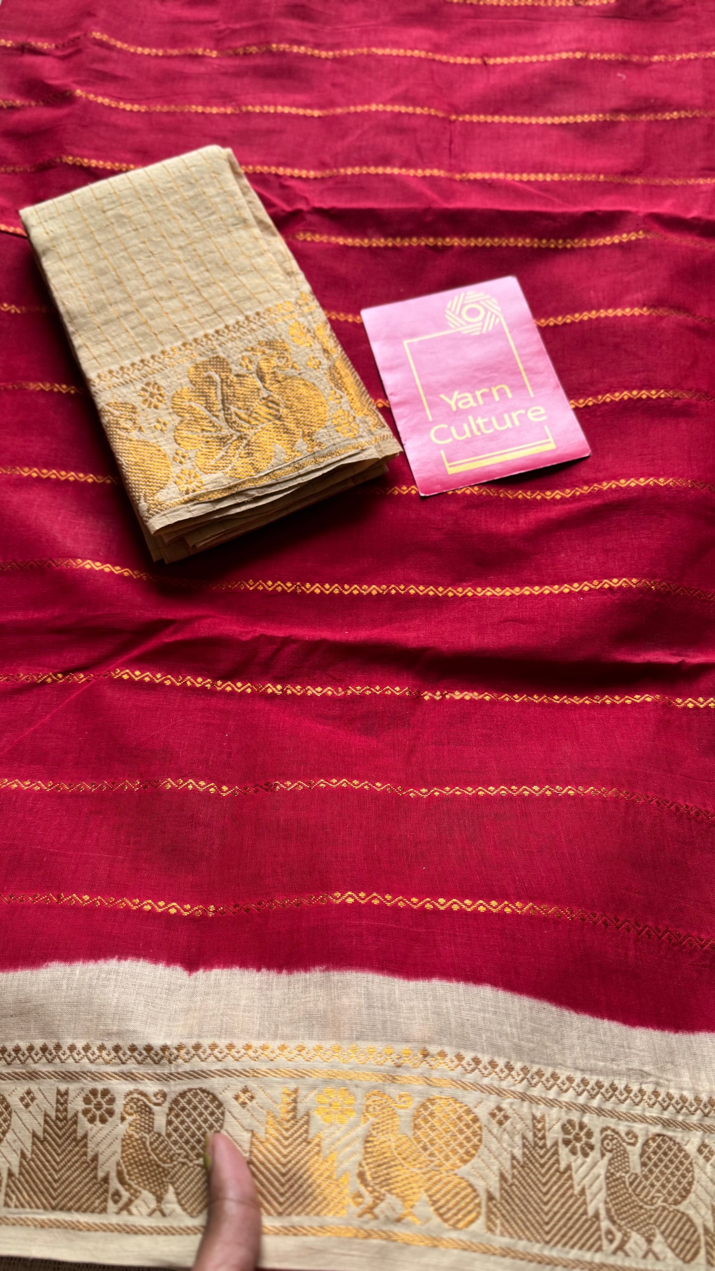 Red with cream veldhaari, kattuchayam dyed, madurai cotton - YCCOTNSEMS91