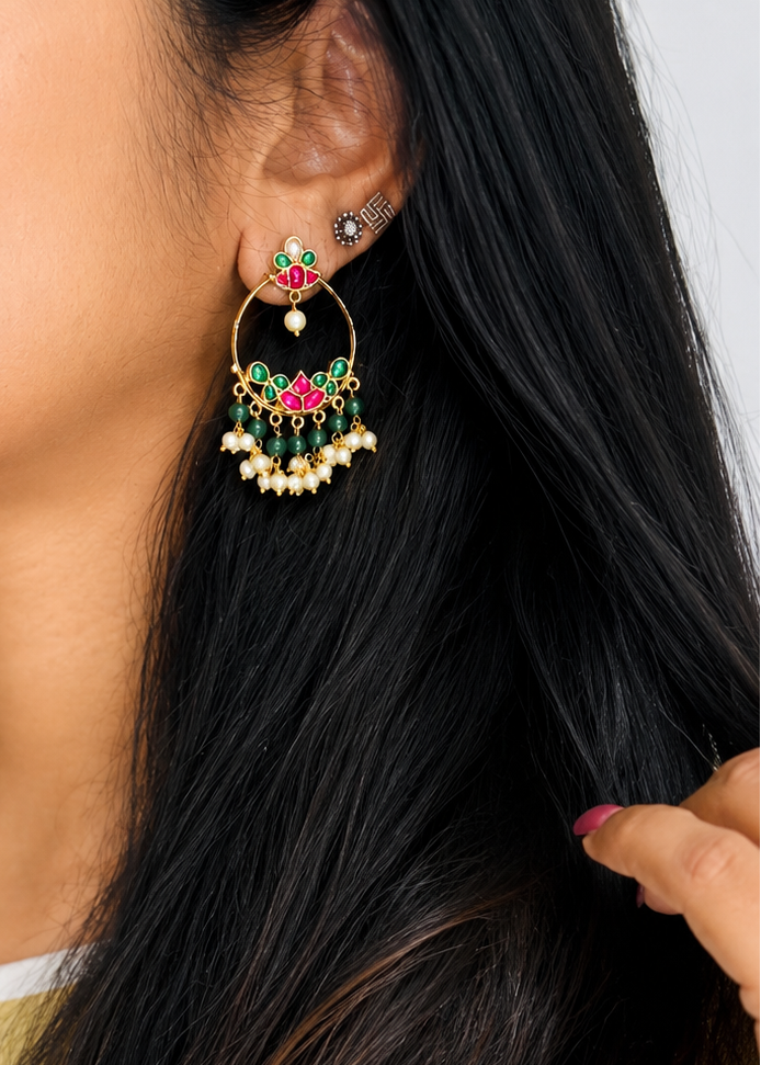 Chandbali ruby green pearls hoop dangler earring - YCGPER827