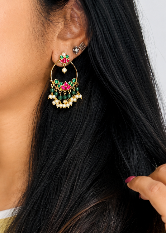 Chandbali ruby green pearls hoop dangler earring - YCGPER827