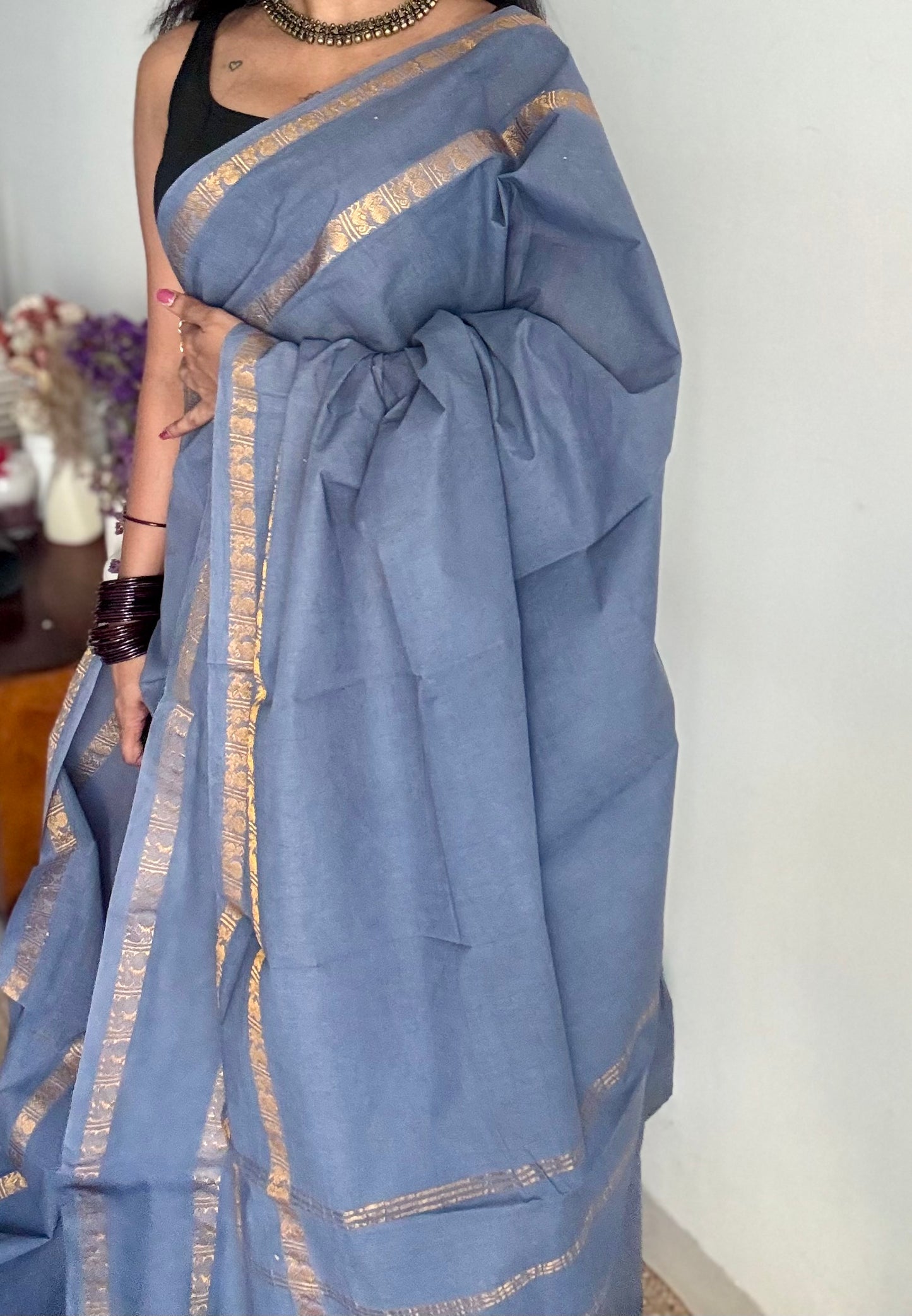 Dark grey rettaipettu peacock gap border, kattuchayam dyed madurai cotton saree  - YCCOTNMSAP95