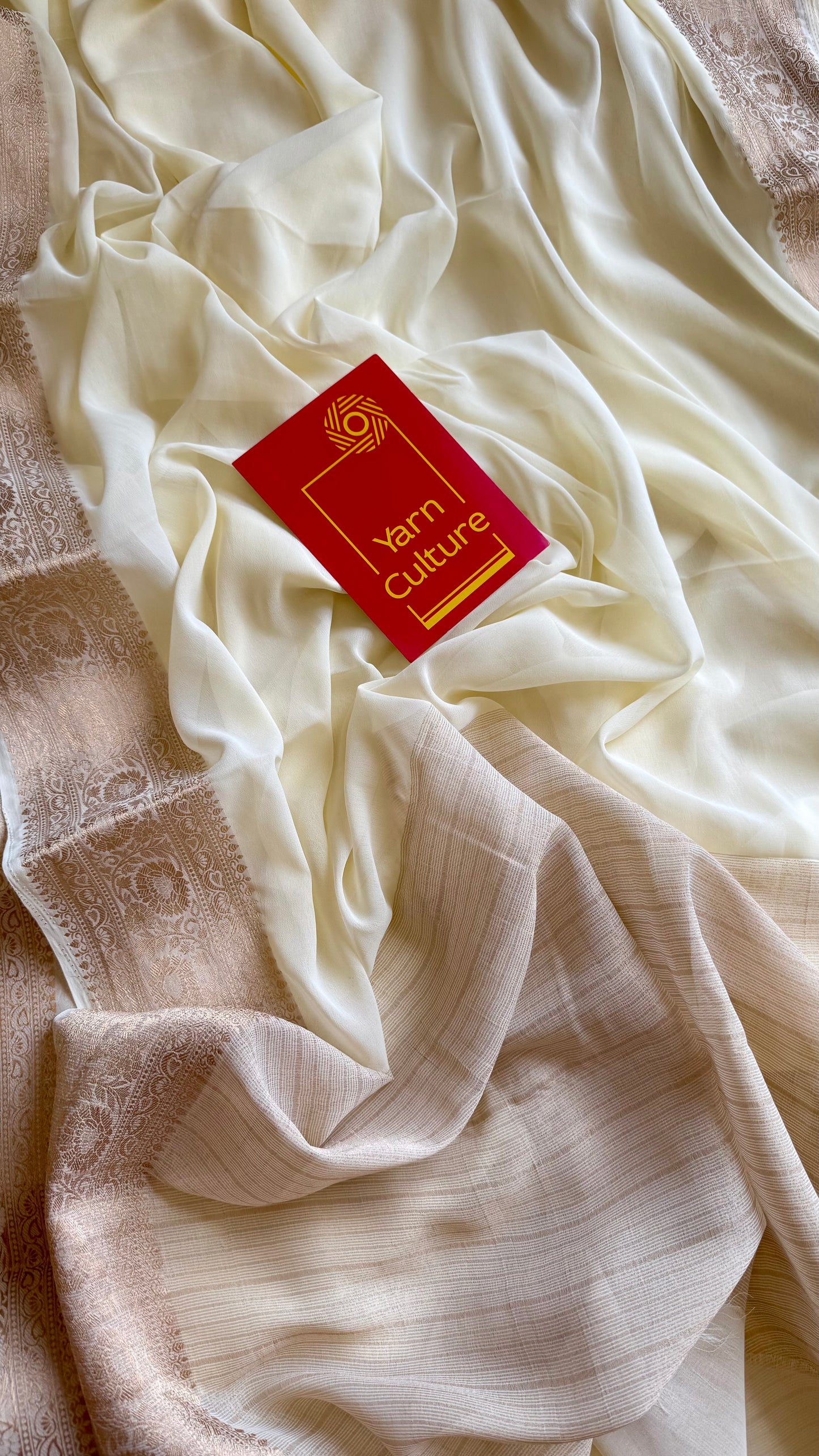 Ivory soft georgette saree, with antique gold zari border - YCIEON87