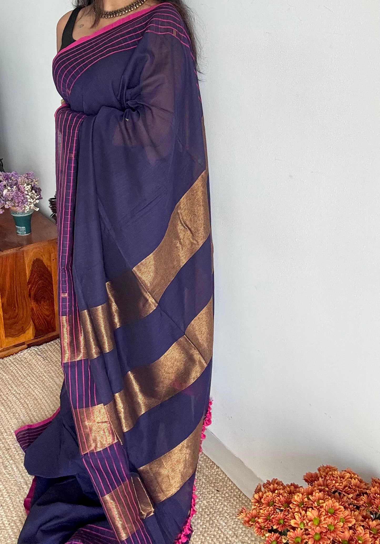 Navy handloom mul saree with hot pink checkered borders and antique gold buttas - YCBCMCFE386