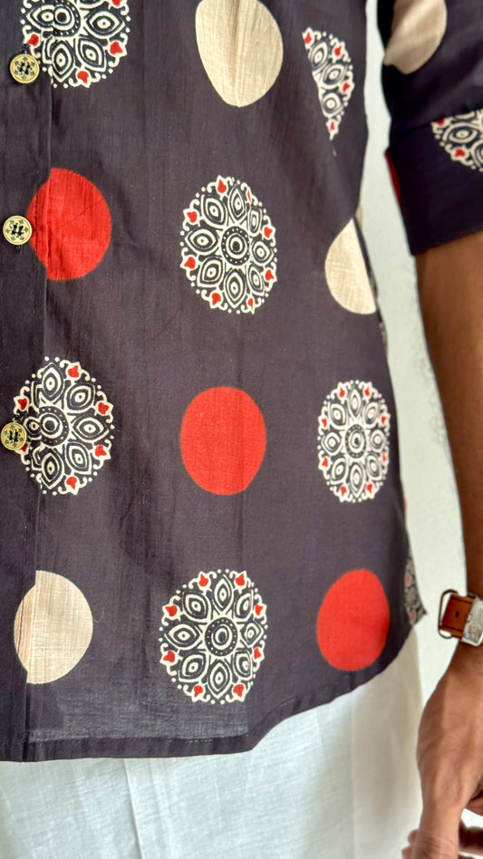 Black Red & White Ajrakh Block Printed Cotton Men's Full Sleeve Collared Shirt - YCMSEIE199
