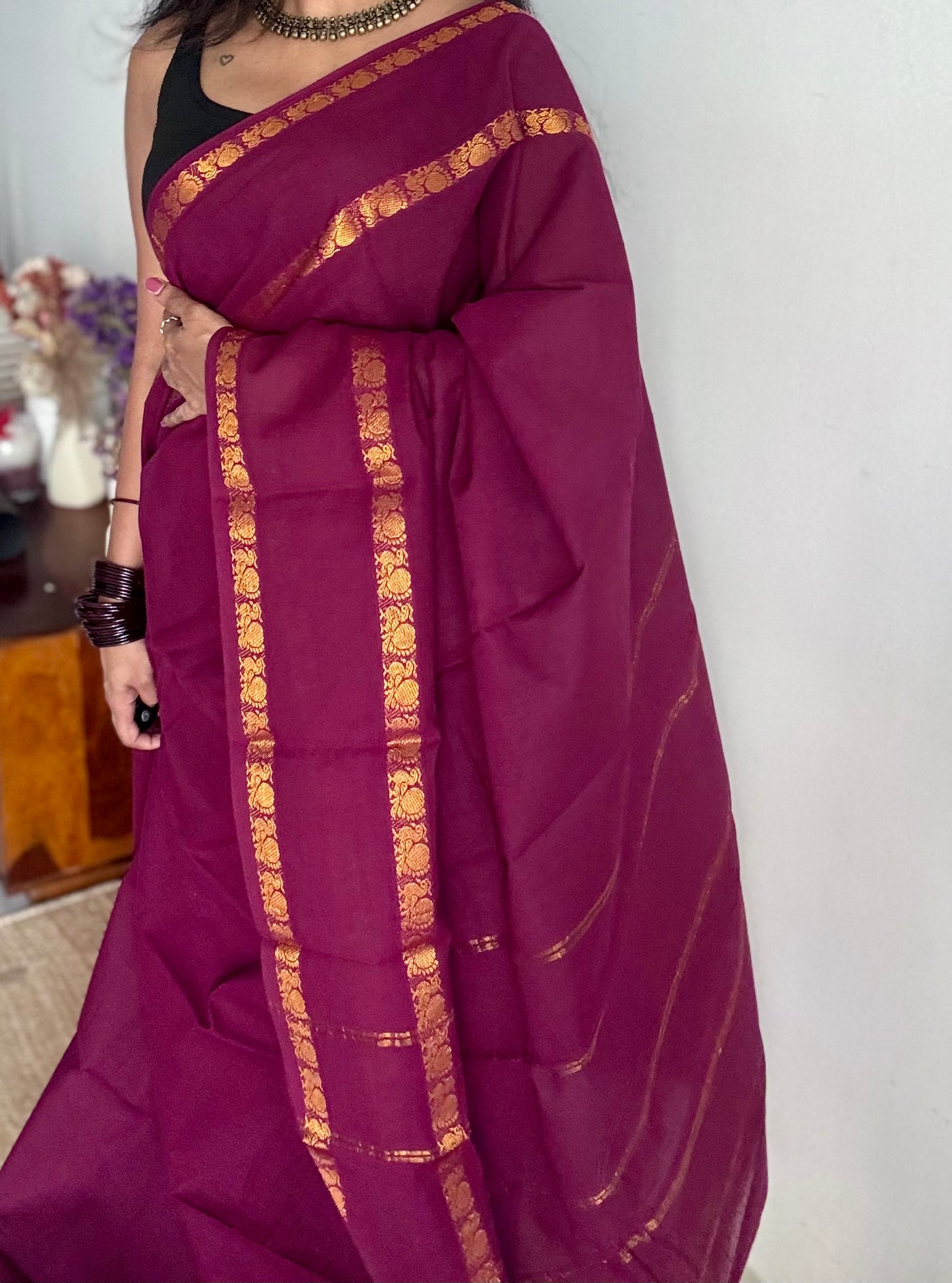 Dark purple pink (vadamalli) rettaipettu peacock double bordered, kattuchayam dyed madurai cotton saree  - YCCOTNMSAP210