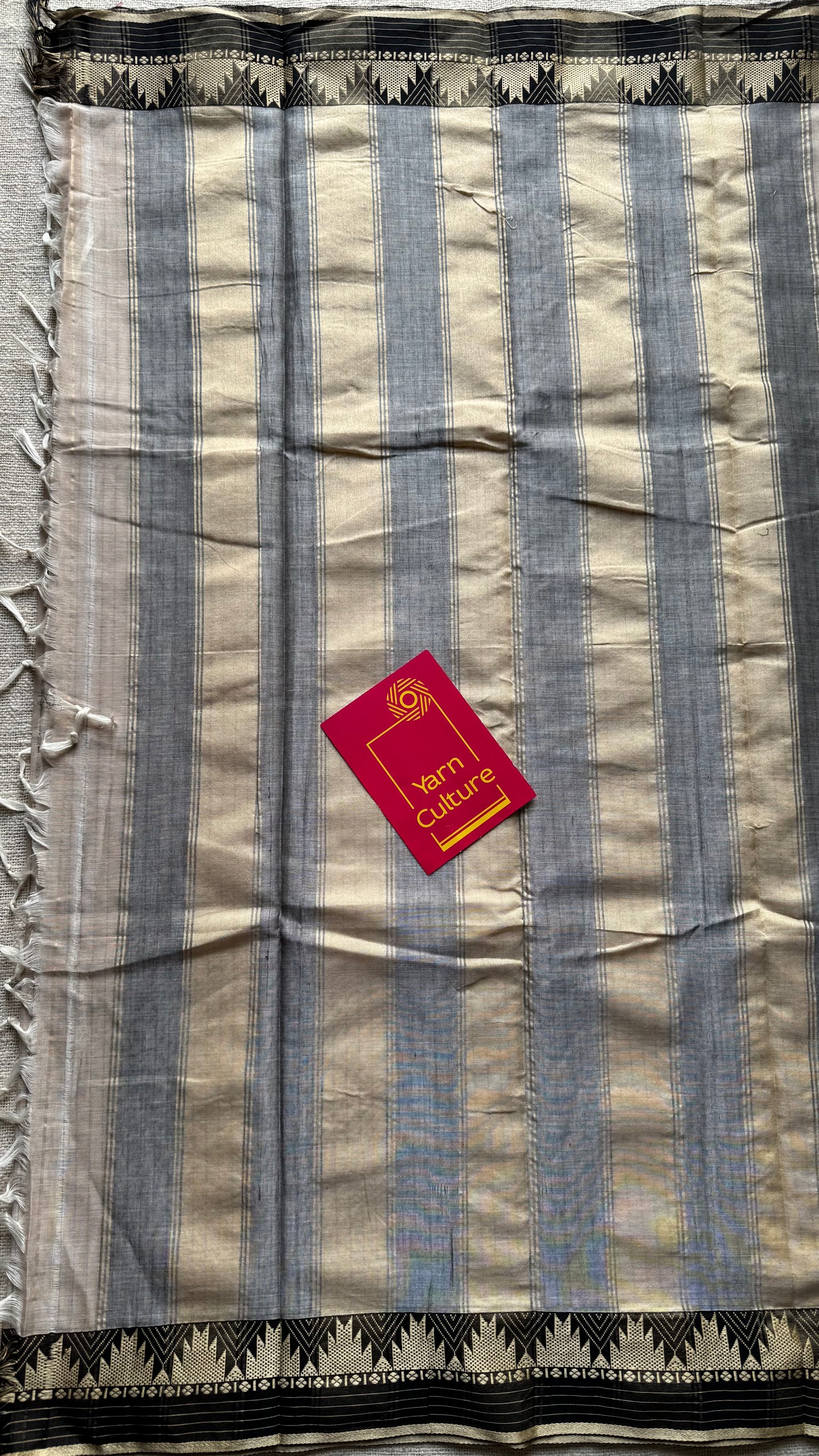 Cream striped premium narayanpet soft cotton, with temple motif and checkered border - YCWOTDNPNO83