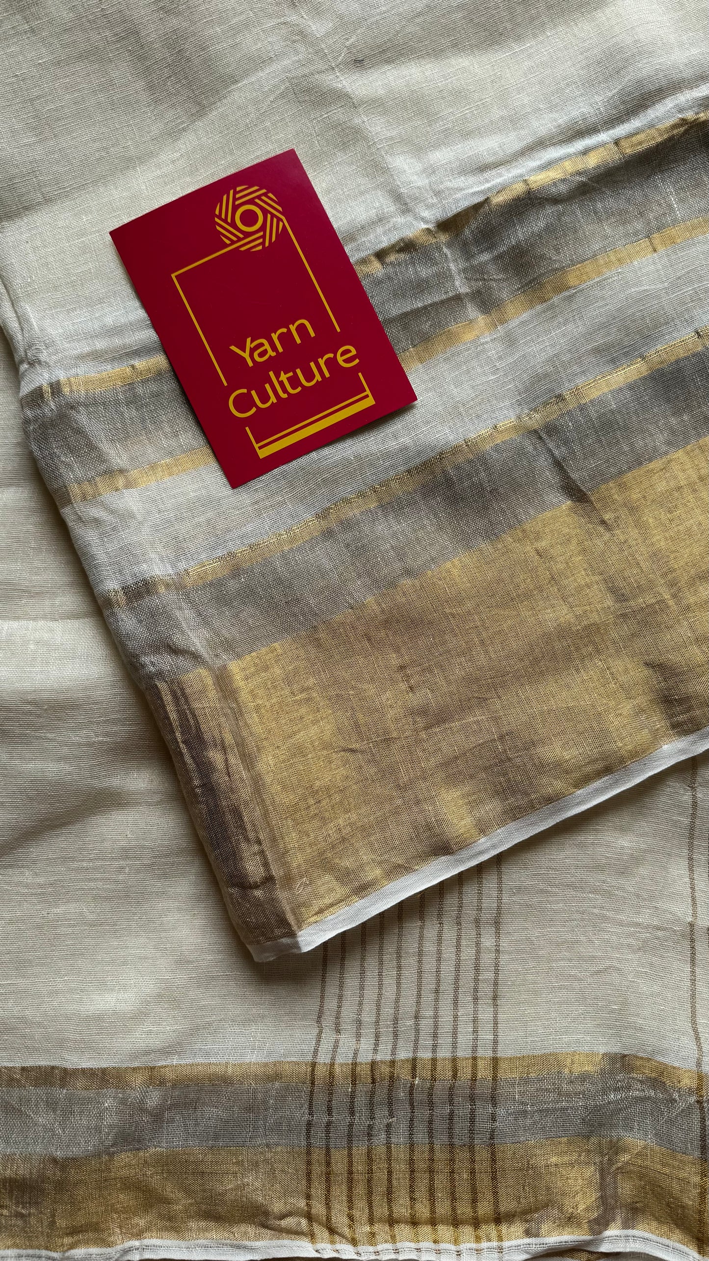 Pure ivory linen, gold and silver zari border - YCIEON27