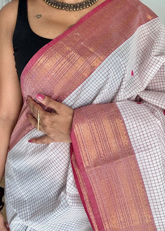 White and burnt red contrast, checkered Chettinad cotton saree - YCCOTNMA264
