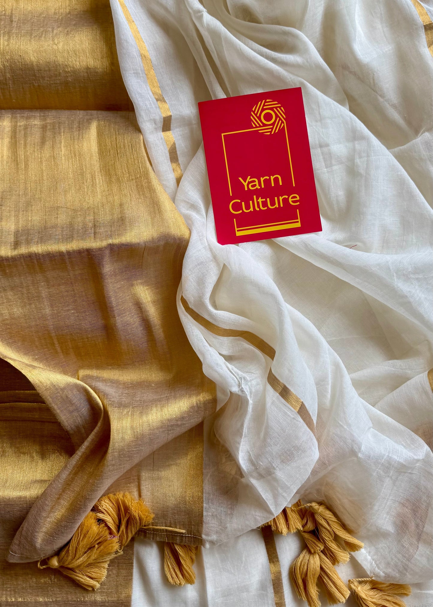 Ivory mul saree, wide gold zari border - YCIEON39