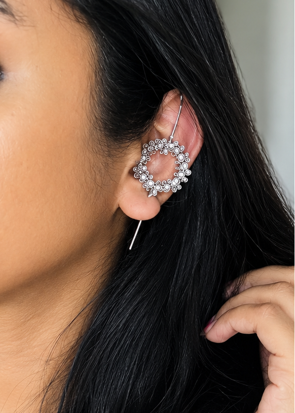 Oxidised silver, floral earcuff, clip-on - YCOSEC497