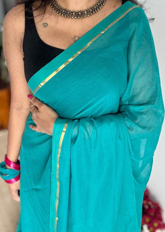 Cyan blue mul, thin antique gold zari gap border - YCBCMCLSE42