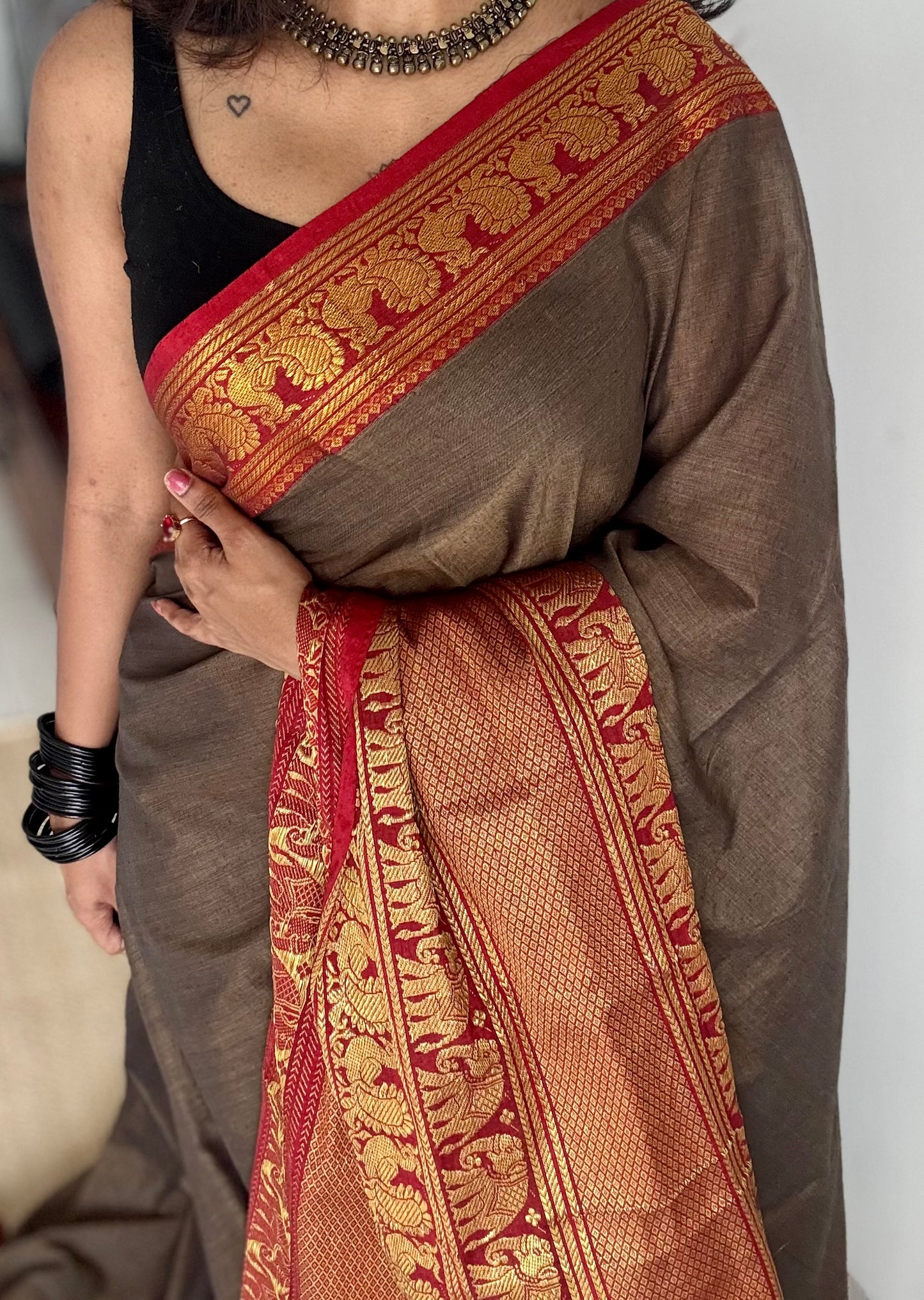 Warm grey with broad zari border, premium narayanpet, soft cotton - YCWOTDFEBB01