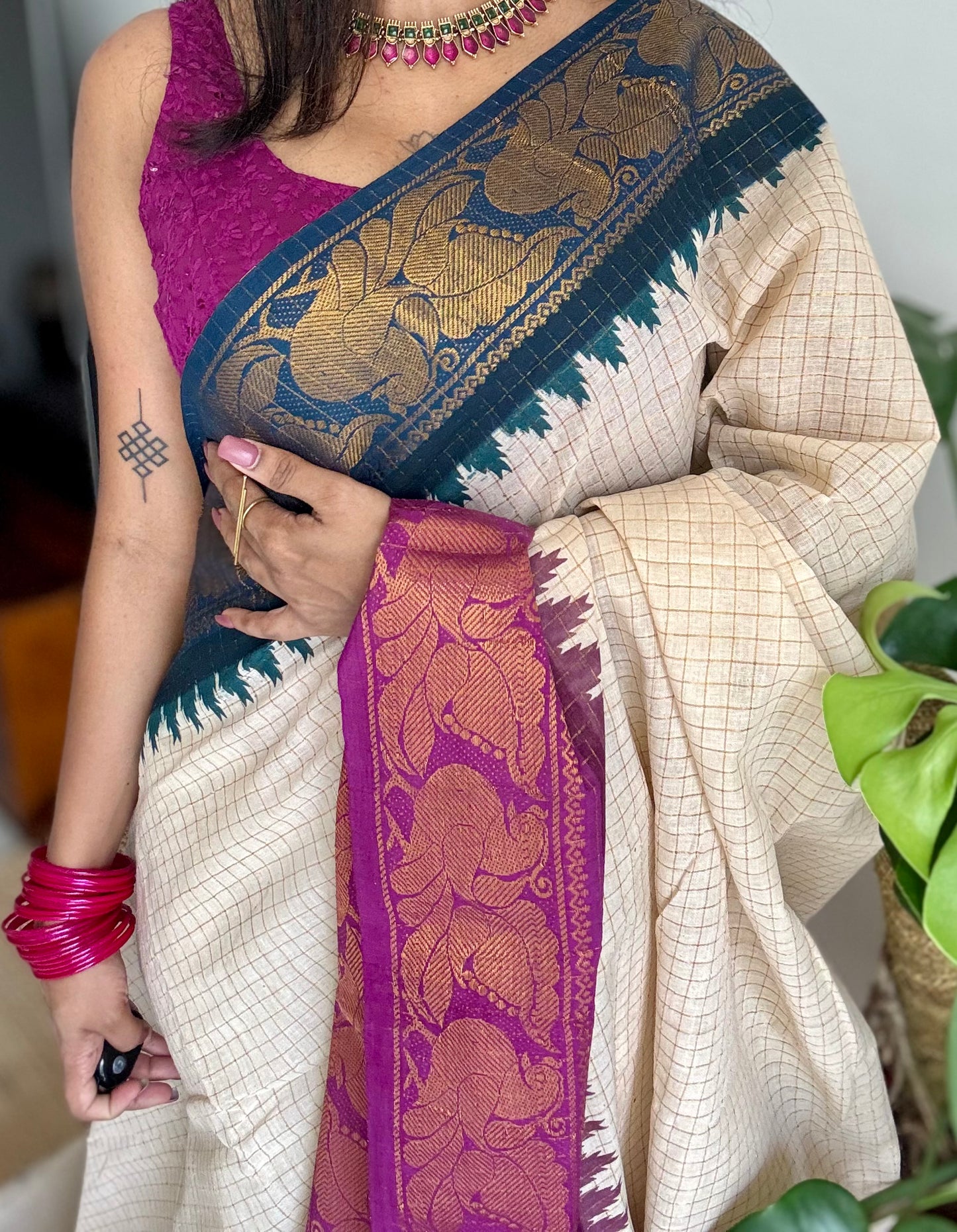 Sungudi cotton checks, ivory gold base, teal and magenta dual tone border, soft cotton - YCIEON101