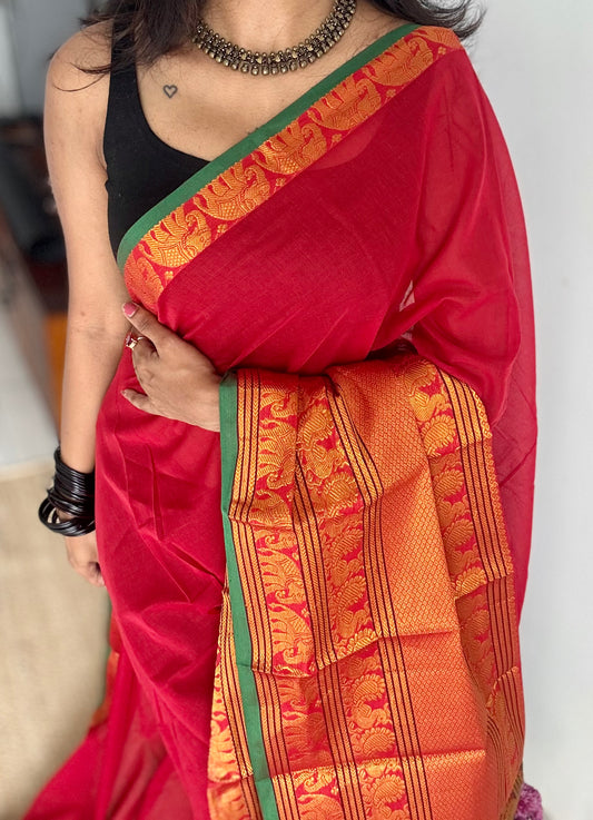 Red with broad zari border, premium narayanpet, soft cotton - YCWOTDFEBB07