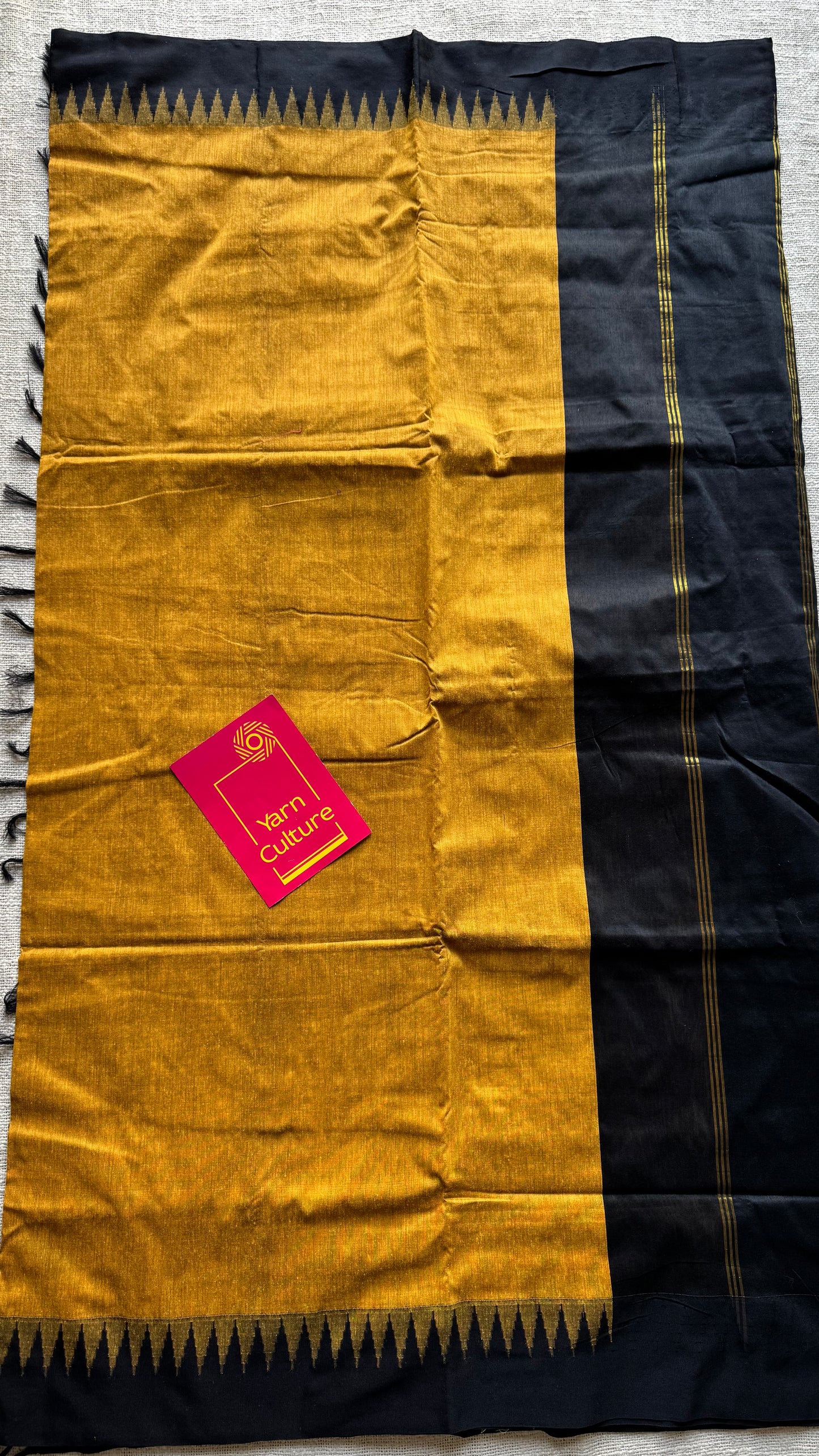 Turmeric yellow with black temple border, cotton silk - YCCOTNCSDE94