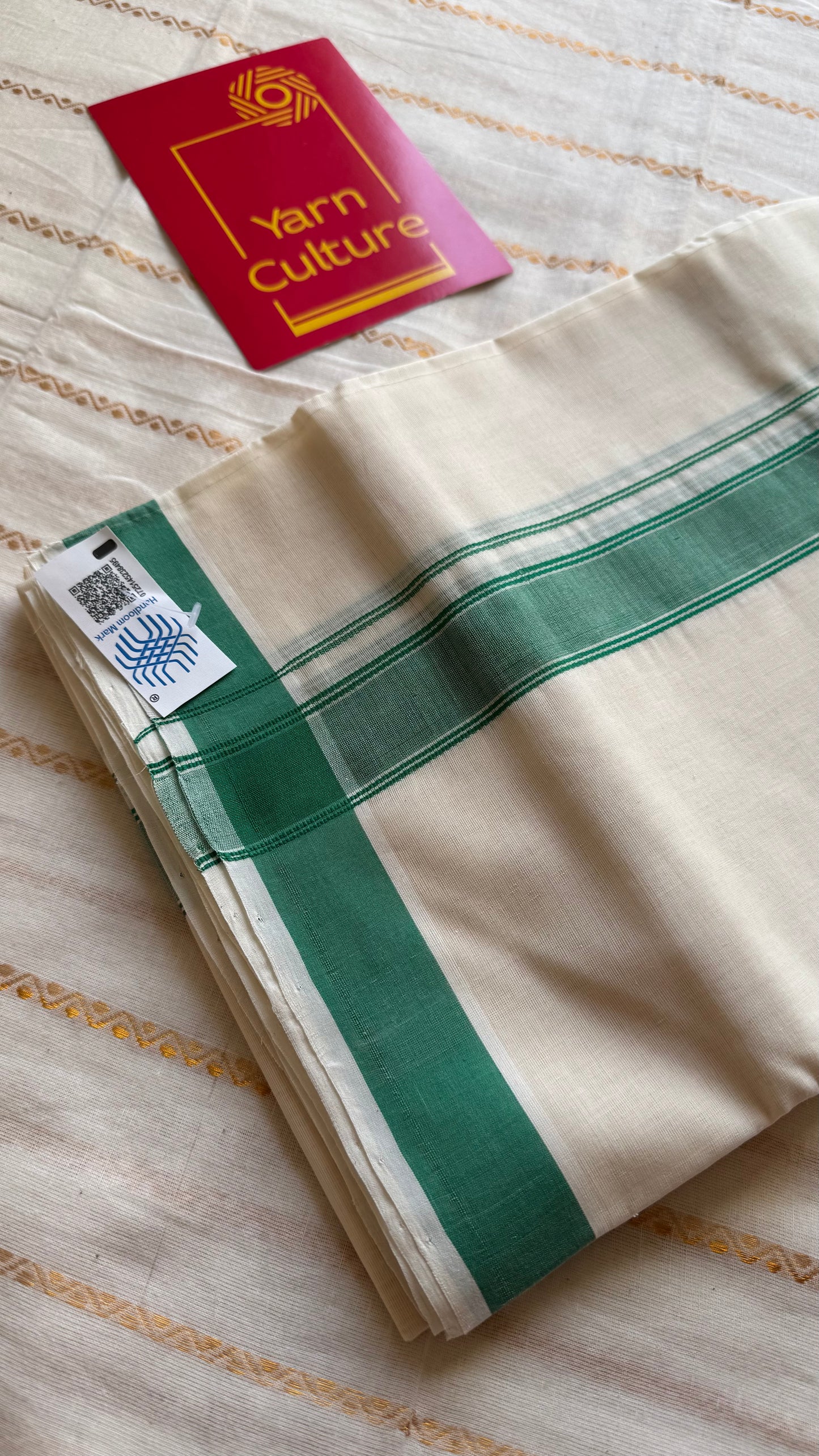 Ivory Chendamangalam Handloom Double Mundu with Green Kara | Soft Cotton Men's Dhoti - YCMSEIE174