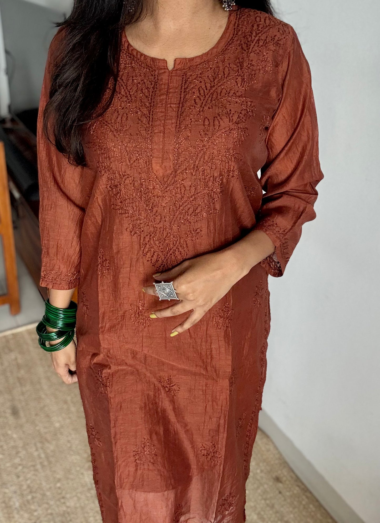 Brown muslin chanderi chikankari with bakhiya work, stitched kurta, round neck, three fourth sleeves - YCSECK29