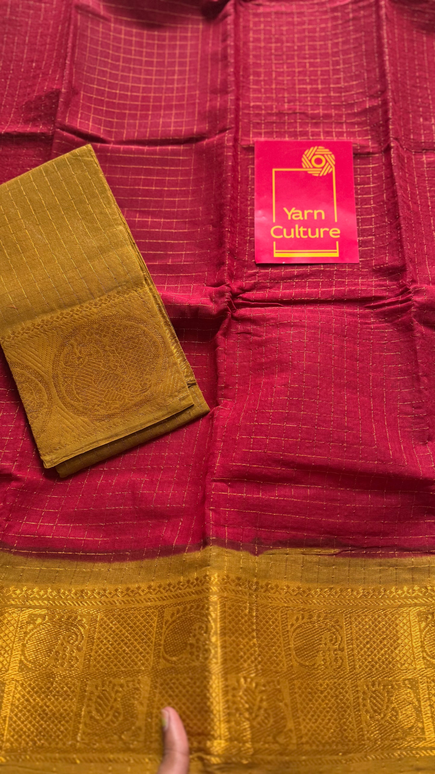 Red with light green contrast zari checkered sungudi, kattuchayam dyed madurai cotton - YCCOTNJU23