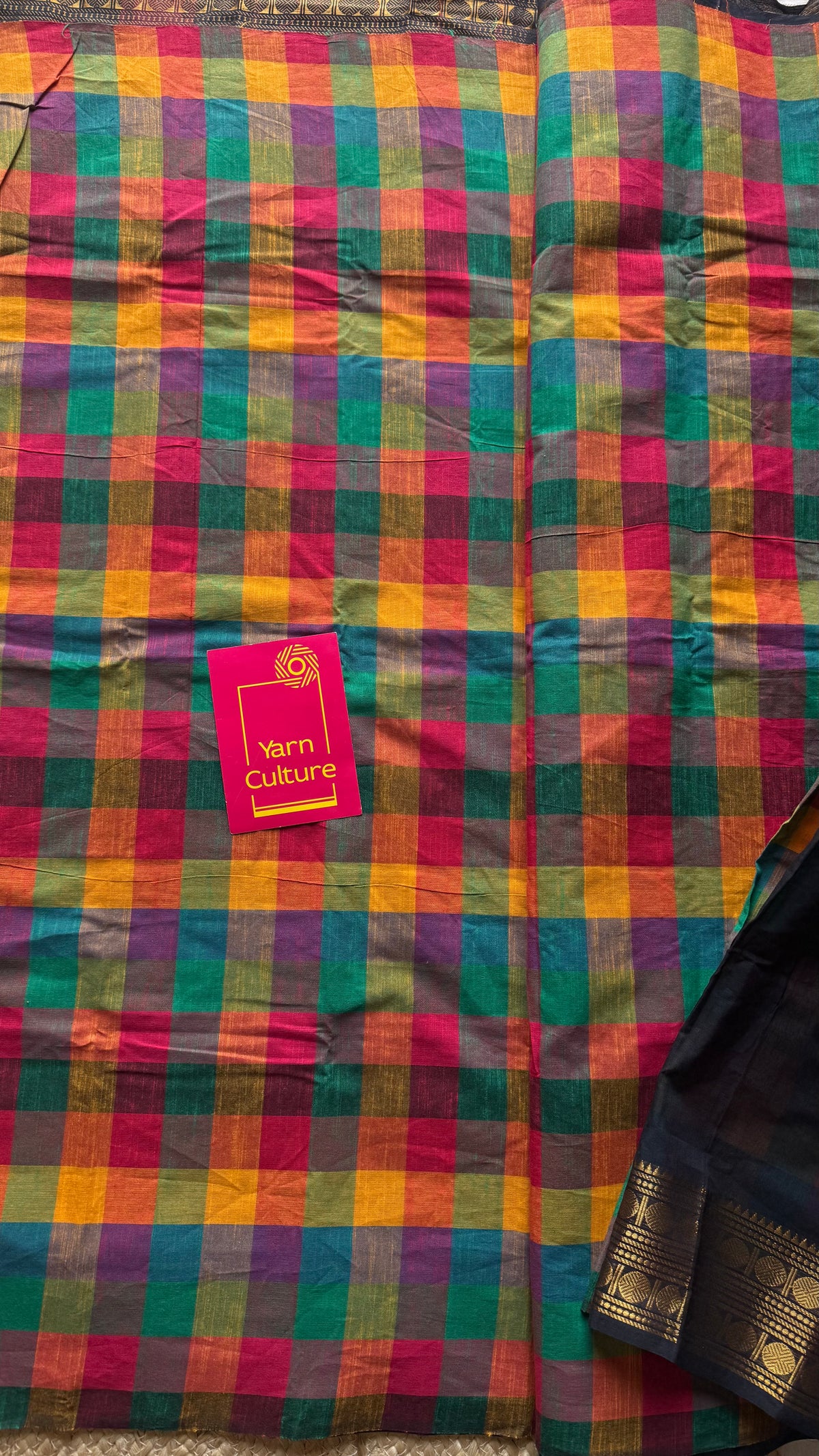 Black chettinad with multicoloured madras checks, cotton half and half saree - YCCOTNIDOC166