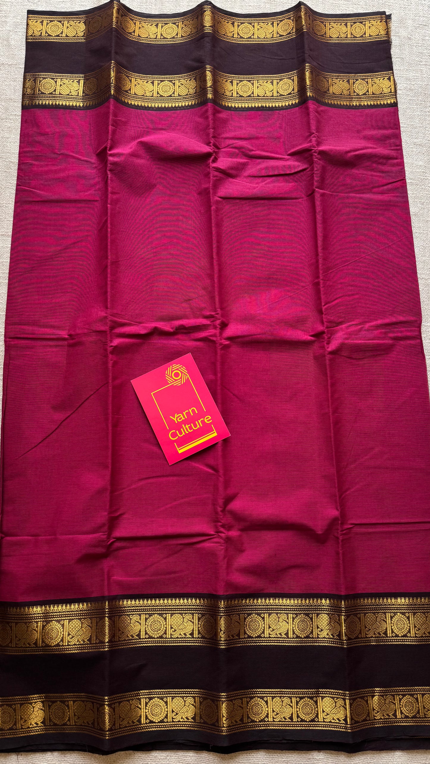 Dark pink with dark brown Chettinad cotton saree with rettaipettu peacock border - YCCOTNCCFE157