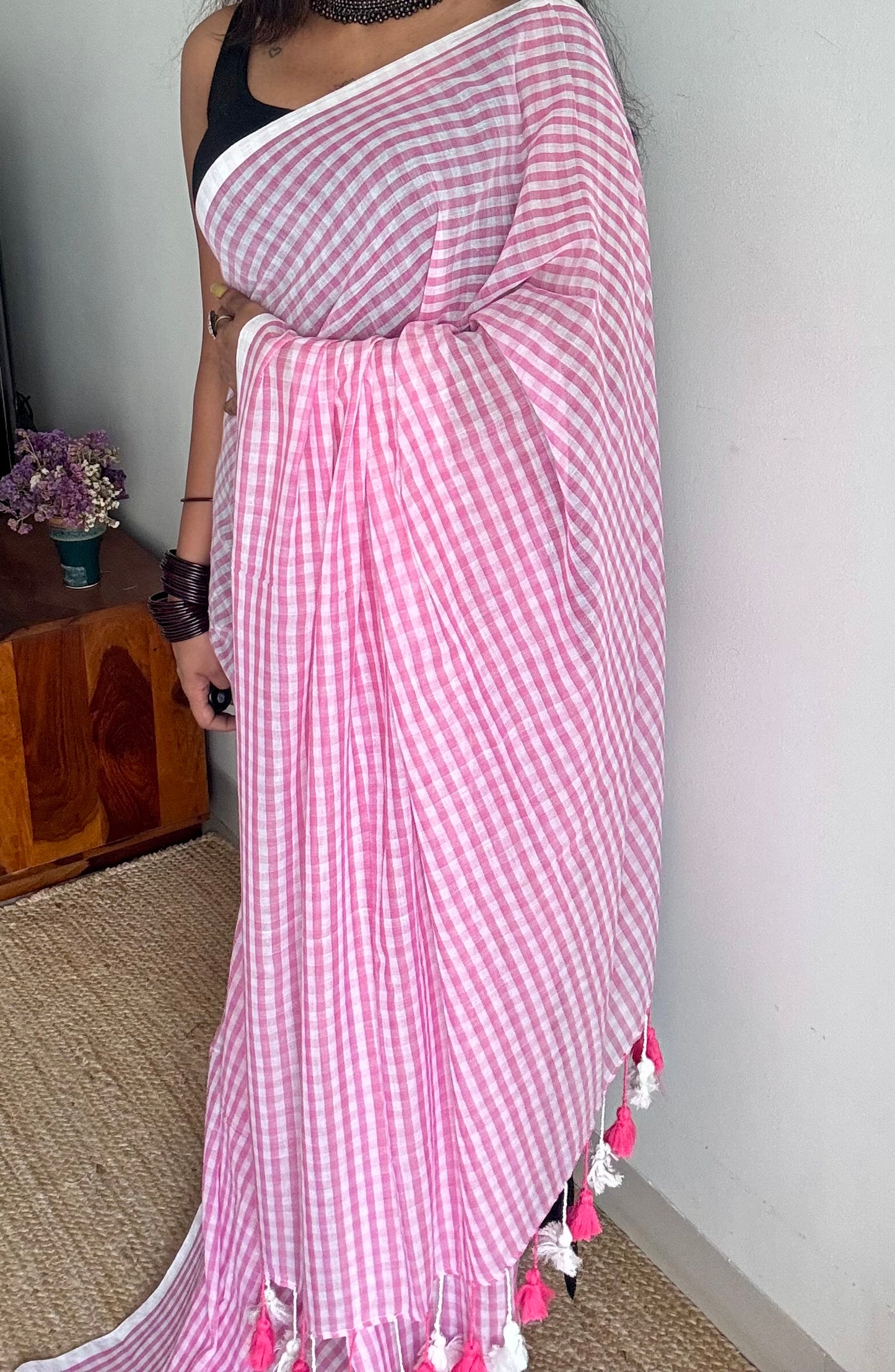 Light pink and white checkered mul cotton saree  - YCBCMCCMA28