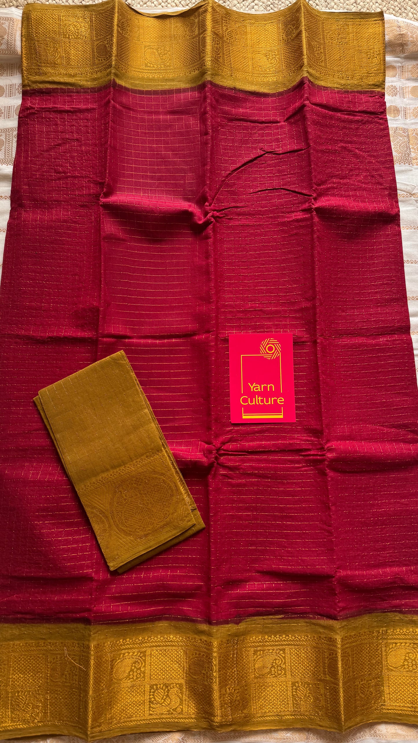 Red with light green contrast zari checkered sungudi, kattuchayam dyed madurai cotton - YCCOTNJU23