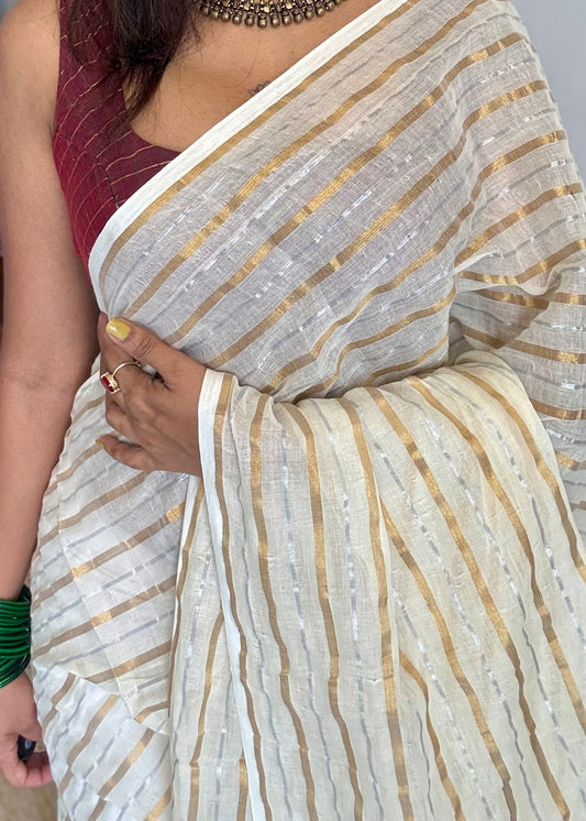Ivory mul saree with gold and silver stripes - YCBCMCFE298