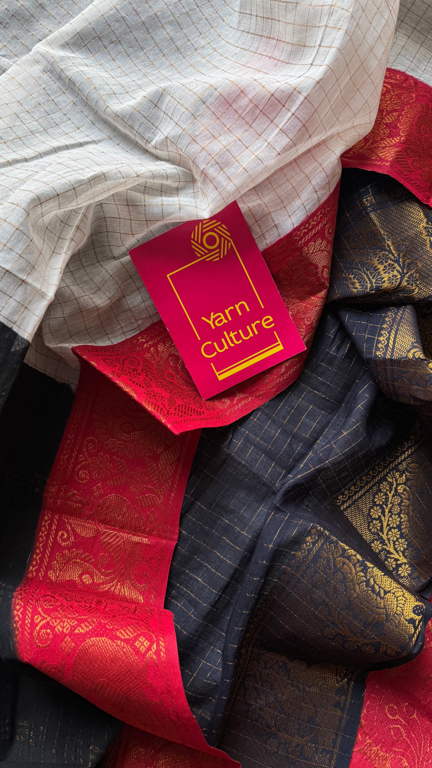 Ivory and red with black, sungudi cotton half-half saree - YCCOTNMSFE375