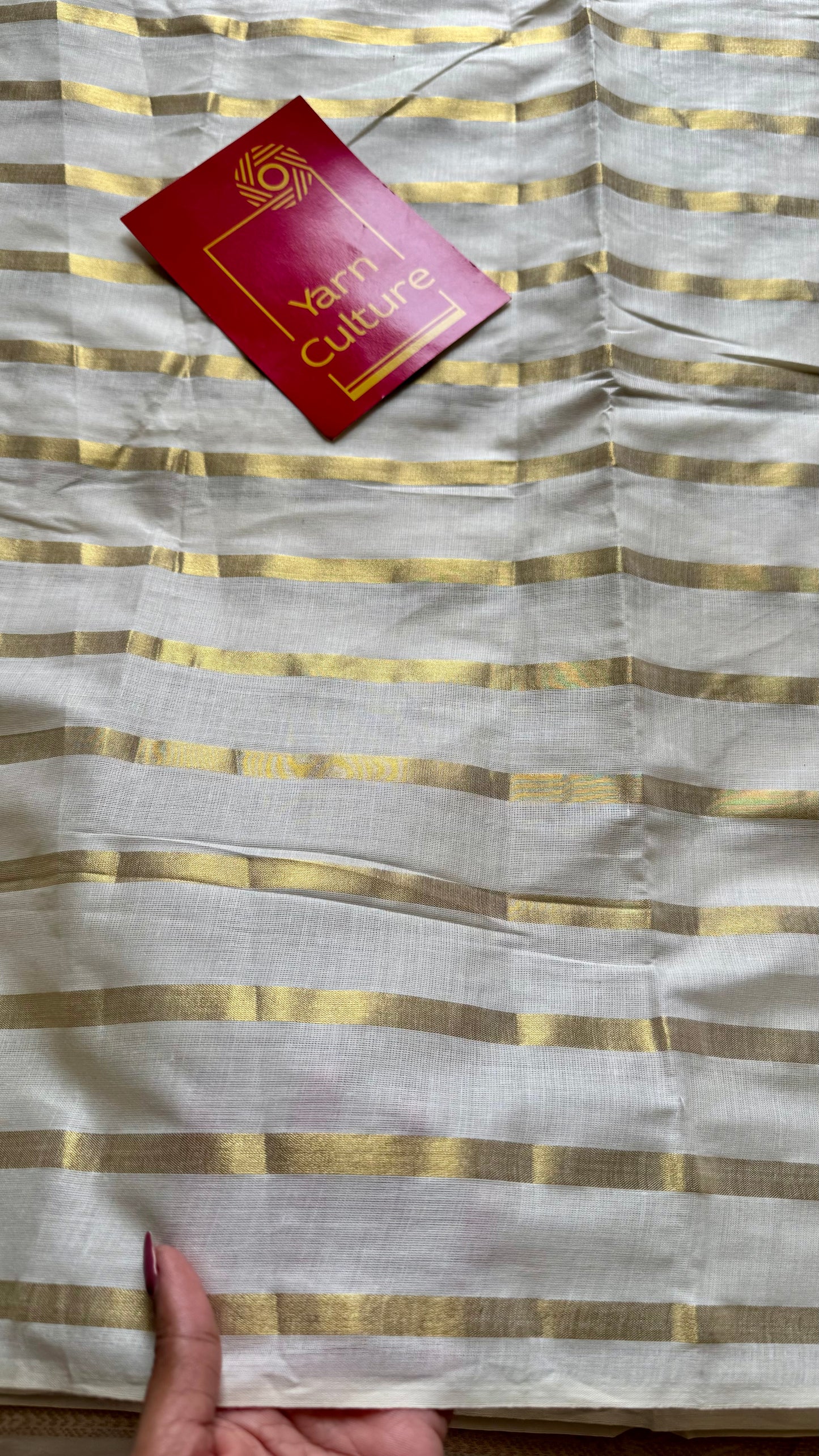 Ivory and gold soft cotton kasavu saree, broad gold stripes - YCIEON81