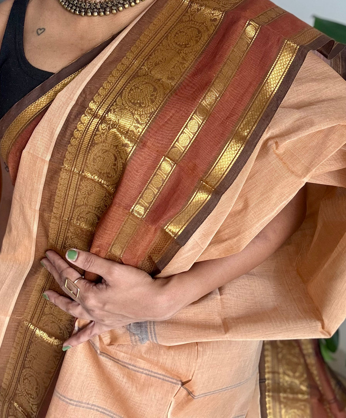 Sandal with brown gap zari border, chettinad cotton saree - YCCOTNCCOC120