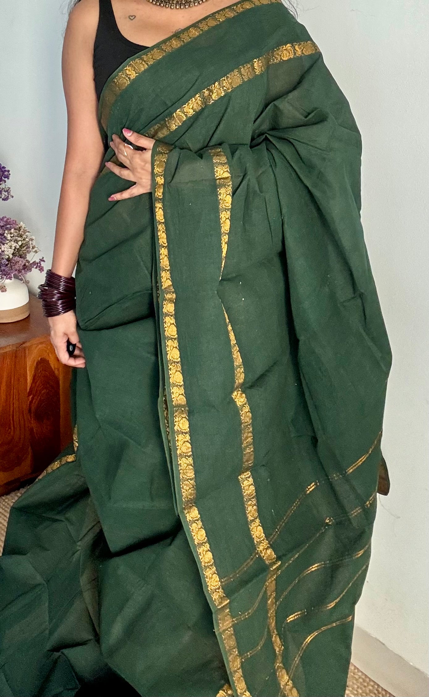 Dark green rettaipettu peacock double bordered, kattuchayam dyed madurai cotton saree - YCCOTNMA255