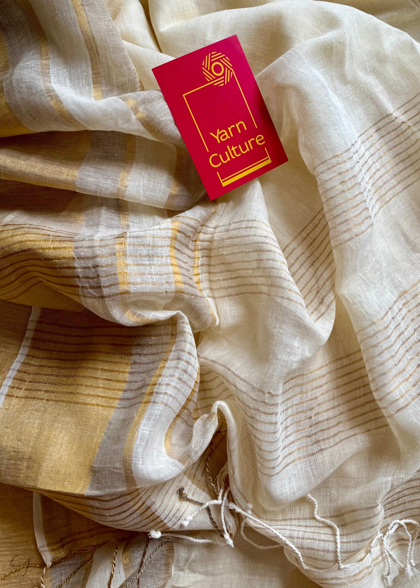 Pure ivory linen, gold and silver zari border - YCIEON27