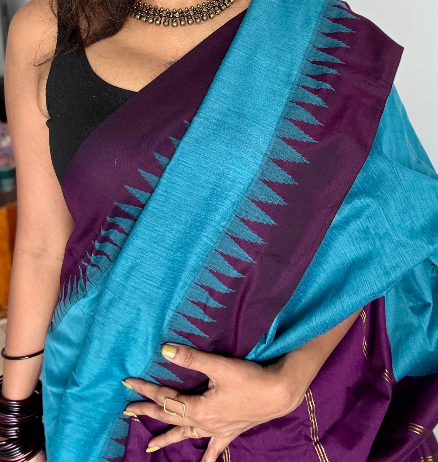 Blue with wine contrast, temple border saree, cotton silk - YCCOTNTBFE58