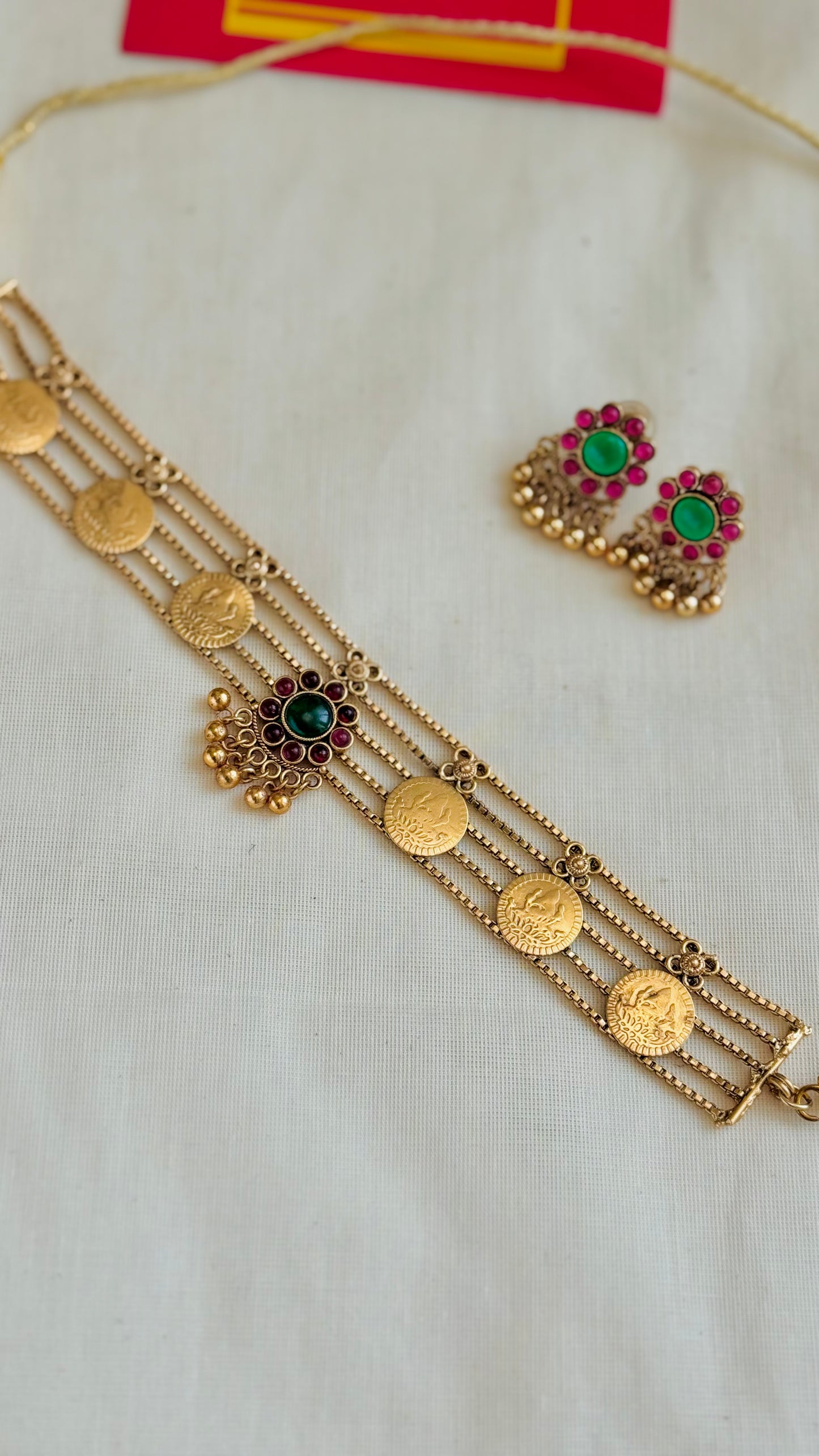 Palakka coin 5 layer choker, with earrings - YCGPNP781
