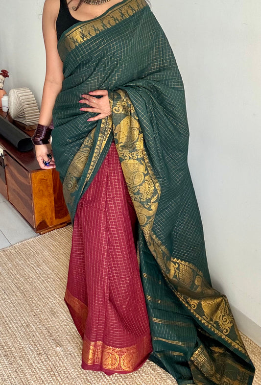 Bottle green and maroon, sungudi cotton half-half saree - YCCOTNIDMA307