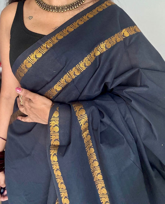Black rettaipettu peacock gap border, kattuchayam dyed madurai cotton saree  - YCCOTNMSAP100