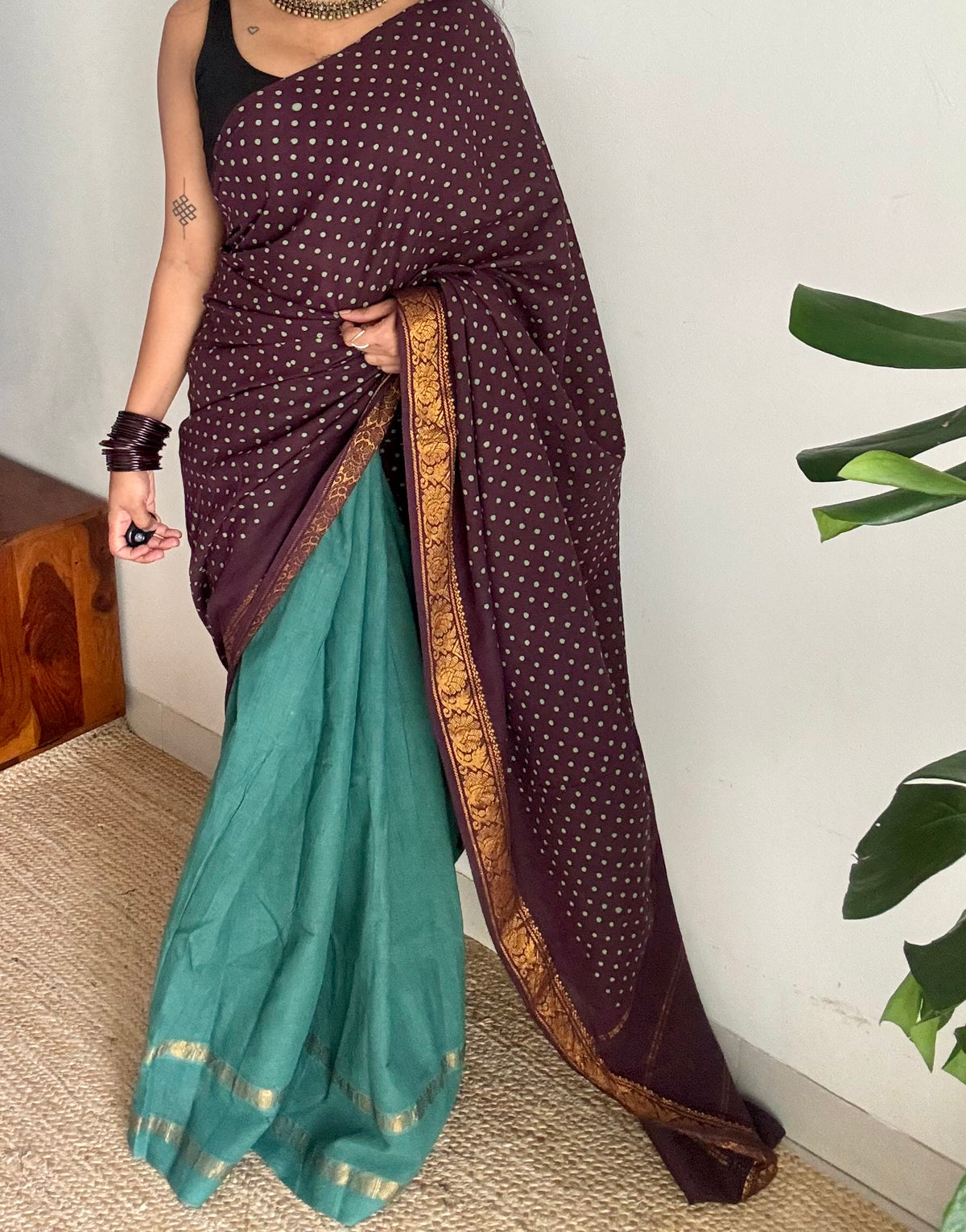Brown with mint green, sungudi cotton half-half saree - YCCOTNIDOC16
