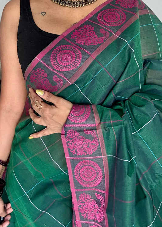 Chettinad cotton saree in dark green with pink checks, thread motif border - YCCOTNJUCC05