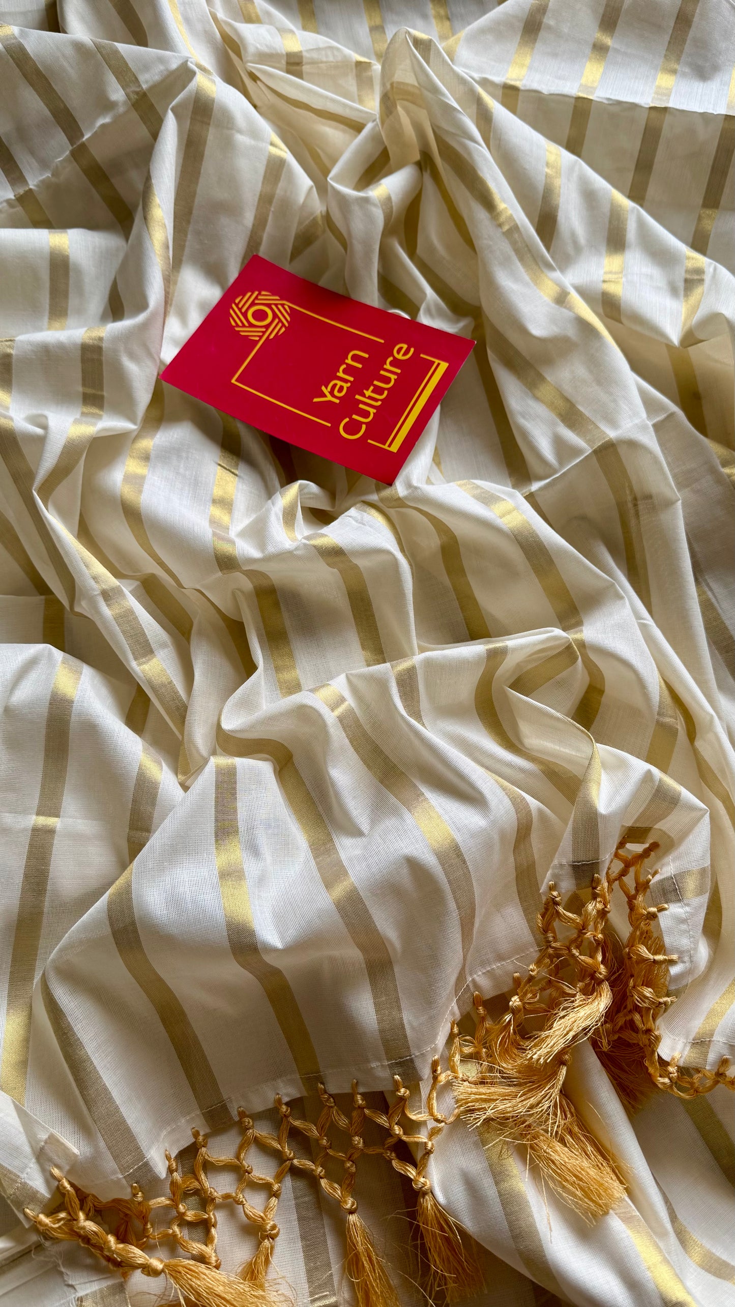 Ivory and gold soft cotton kasavu saree, broad gold stripes - YCIEON81